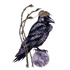 Black raven with a candle sitting on a moon in a frame of purple toadstools, dry branches. Watercolor template for esoteric, witchcraft, Halloween for invitation, advertising, cards, postcards