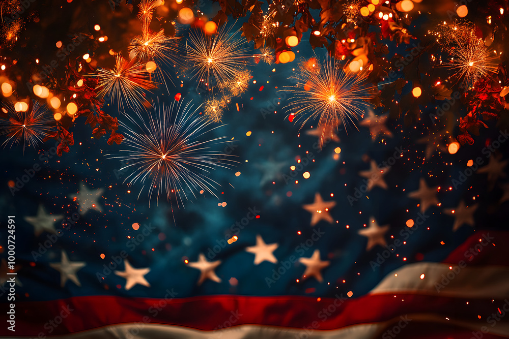 Poster American Flag colors and fireworks mockup background with copy space . 4 July independence day concept celebration