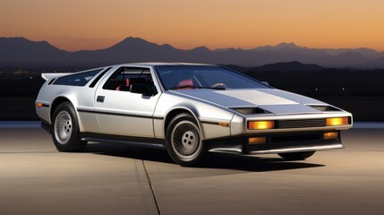 Fototapeta premium A classic silver sports car is parked against a backdrop of mountains at dusk, exuding vintage charm and elegance.