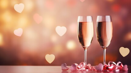 Two flutes of champagne sparkle against a backdrop of glowing hearts and rose petals, evoking romance and celebration.