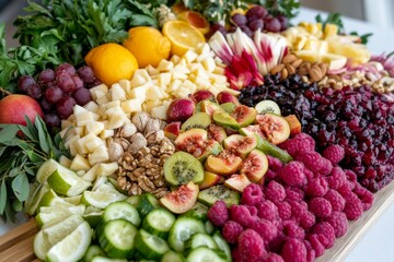 Close-Up of a Beautifully Arranged Vegetarian Platter Featuring Fruits, Nuts, and Salads with Copy Space