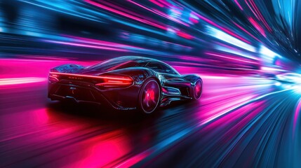 Fototapeta premium A sleek, futuristic car racing through a vibrant, neon-lit environment.