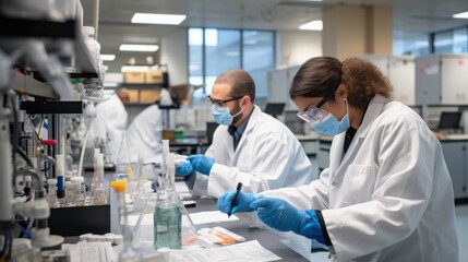Scientists, clad in white lab coats and blue gloves, diligently work at a modern lab bench, indicating a vibrant atmosphere of research and discovery.