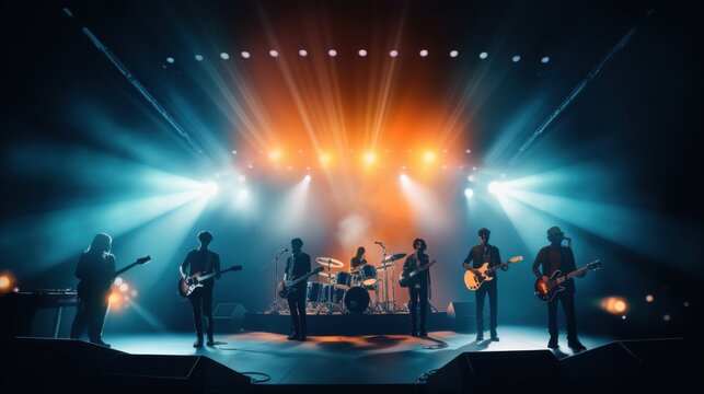 A dynamic music band performs on stage under vibrant lights, evoking the energy and excitement of a live concert filled with guitars, drums, and enthusiastic atmosphere.