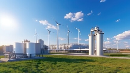 Fototapeta premium A modern facility with wind turbines and hydrogen cylinders, showcasing green hydrogen renewable energy production.