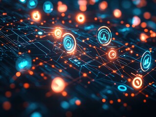 Fototapeta premium Abstract Digital Communication Network Poster: Illuminated Data Servers and Glowing Icons for Messages, User Profiles, and Security in Soft Blue and Orange Tones - Perfect for Sports Interior Decor!
