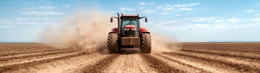 Powerful tractor plowing dusty field