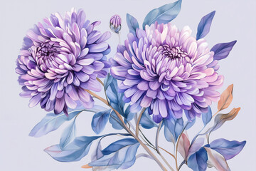 Obraz premium Blossom painted aster flowers, leaves. Trendy design