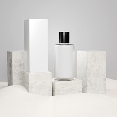Skincare Bottles on Plaster Textured Pedestals with Gray Background
