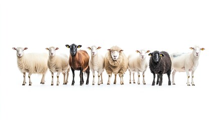 Fototapeta premium Group of sheep standing in a row against white background.