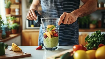 Man blending delicious smoothie at white table in kitchen, closeup.generative ai