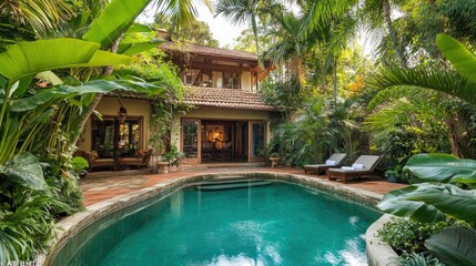 A charming Bali-style house with an inviting pool, set in the middle of a lush garden with tropical plants and palm trees, creating a serene oasis.