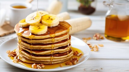 A delicious stack of oatmeal banana pancakes topped with fresh banana slices and drizzled with golden syrup on a white plate, with walnuts scattered around.