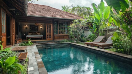 A cozy Bali-style villa with an outdoor pool, bordered by lush tropical greenery and a serene garden that enhances the natural beauty of the space.