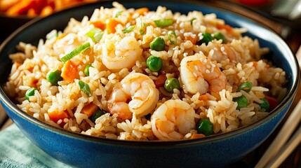 Shrimp fried rice in a blue bowl.