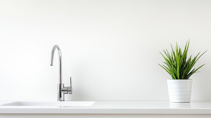 Modern kitchen sink with a plant decoration.
