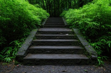 Fototapeta premium Lush green forest path with stone steps leading upwards