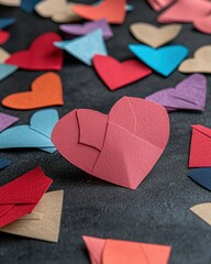 Obraz premium Colorful paper hearts on a dark background