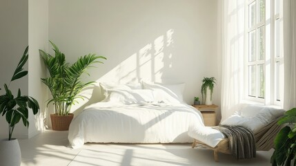 A light-filled, minimalist bedroom in white with a small, cozy sofa at the foot of the bed and vibrant green plants adding a touch of nature to the space.