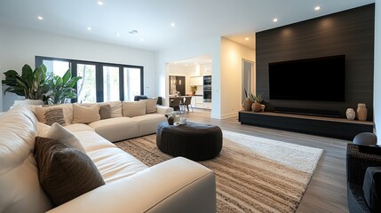 Fototapeta premium Modern living room with a sectional sofa, coffee table, and minimalist decor.