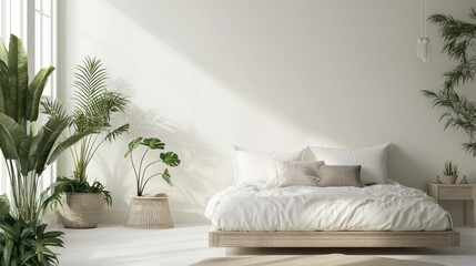 A minimalist bedroom designed in pure white, with a small sofa in a soft neutral shade and lush plants providing a refreshing, natural accent.