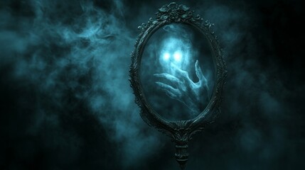 A ghostly hand with glowing eyes appears in a vintage mirror.