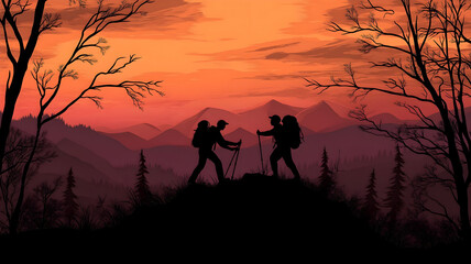 Fototapeta premium A hiker aids a friend in reaching the summit of a mountain, representing the values of teamwork and mutual support.