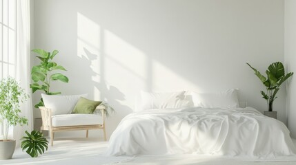 A peaceful, minimalist bedroom with white walls and bedding, a small cozy sofa in light tones, and green plants for a pop of natural color.