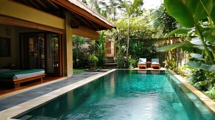 A serene Bali-style home with a private swimming pool, surrounded by a lush green garden and exotic tropical plants for a relaxing outdoor experience.