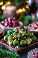 Obraz premium Caramelised Brussels sprouts with fried bacon and fried potatoes. AI generative.