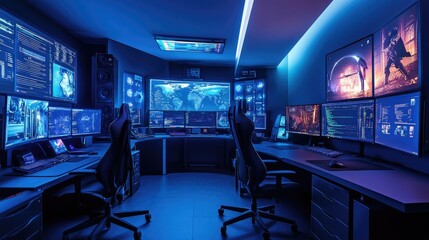 A sleek computer room with ergonomic chairs and multiple monitors. Vibrant LED lights reflect on the screens, giving the room a cutting-edge look.
