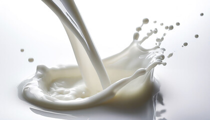 注がれる牛乳のクローズアップ　白背景