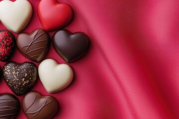 Fototapeta premium Assortment of heart-shaped chocolates on red fabric