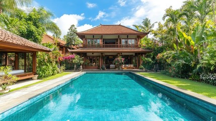 A traditional Bali-style house with a large swimming pool, surrounded by a vibrant tropical garden, full of greenery and tall palm trees.