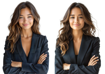 Business woman smiling with arms crossed, black suit isolated on a transparent PNG background, white background , cut out, clipping path, Generative Ai
