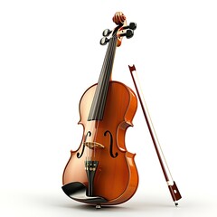 Fototapeta premium A violin, paired with a bow, isolated against a white background, elegant and poised for music.