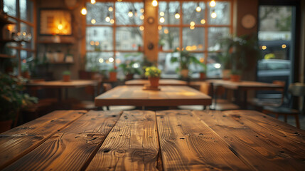 Fototapeta premium Cozy Coffee Shop Interior with Wooden Tables and Plants