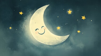 Smiling crescent moon in a starry sky.