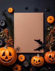 紙でできた大きなカード、黒い背景、ちょっとミステリアス、楽しいハロウィン、キュートなアクセント Generated by AI