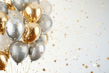 Gold and Silver Balloons with Confetti on Light Background, Glamorous and Festive Celebration

