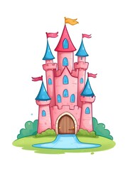 Obraz premium Watercolor princess castle, magical castle, birthday, kids, illustration, digital, Fairy Tale Kingdom, nursery wall art