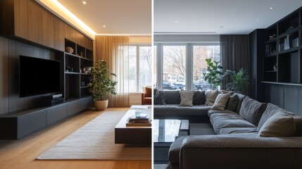 Two modern living room designs showcasing stylish furniture and decor.