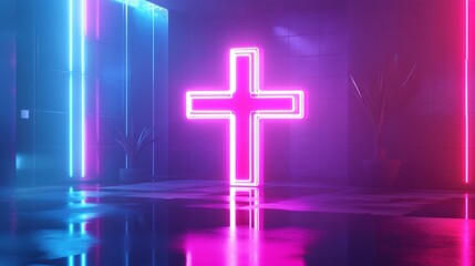 A 3D rendering of a medical cross with bright neon lights, symbolizing health care services in a futuristic style