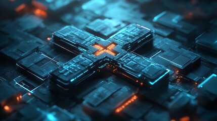 A futuristic 3D render of a medical cross with glowing digital effects, symbolizing health care innovation