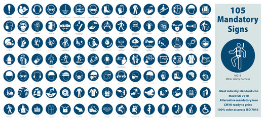 Set Illustration of Mandatory Safety Signs meet ISO 7010 Standards. Contain standards plus alternative icons, CMYK mode ready for printing. Maintain 100% color accuracy as per ISO 7010 guideline.
