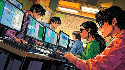 Obraz premium Anime Data Warriors: The Editorial Team at Work