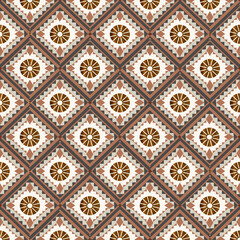 Seamless Geometric Pattern with Earthy Tones, Featuring Repeating Diamond Shapes and Radiating Sun Motifs