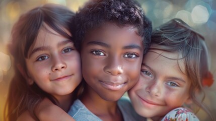 A portrait of three kids from diverse backgrounds, smiling together