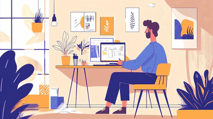 Graphic Designer Juggling Client Work and Personal Creativity in a Minimalist Colorful Setting
