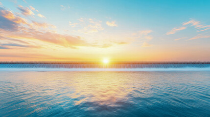 Obraz premium A tranquil sunset over a calm ocean, with vibrant colors reflecting on the water, creating a serene and picturesque view.